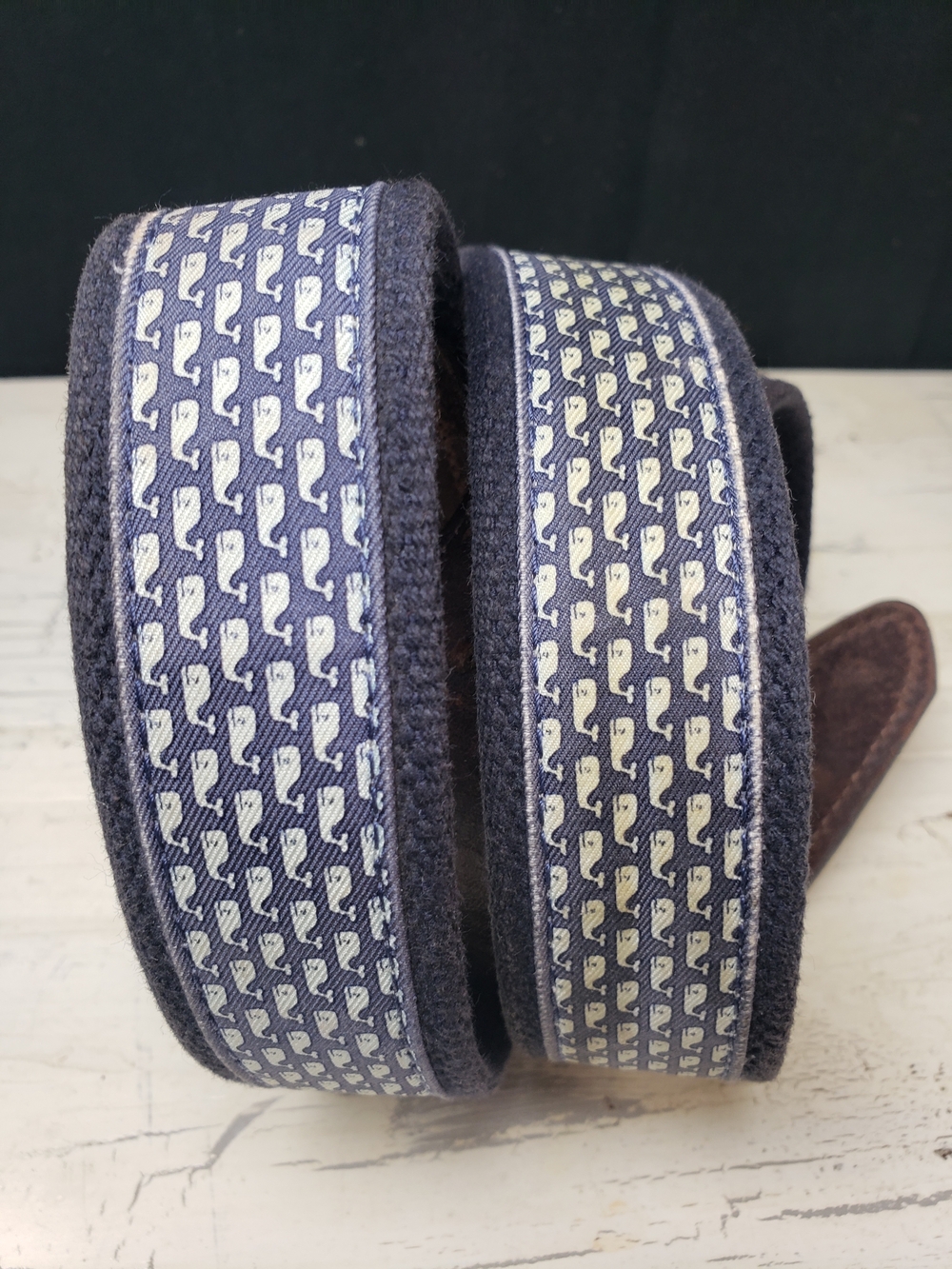 Vineyard Vines Navy Whale-Print Webbing Belt with Brown Leather - Picture 6 of 16
